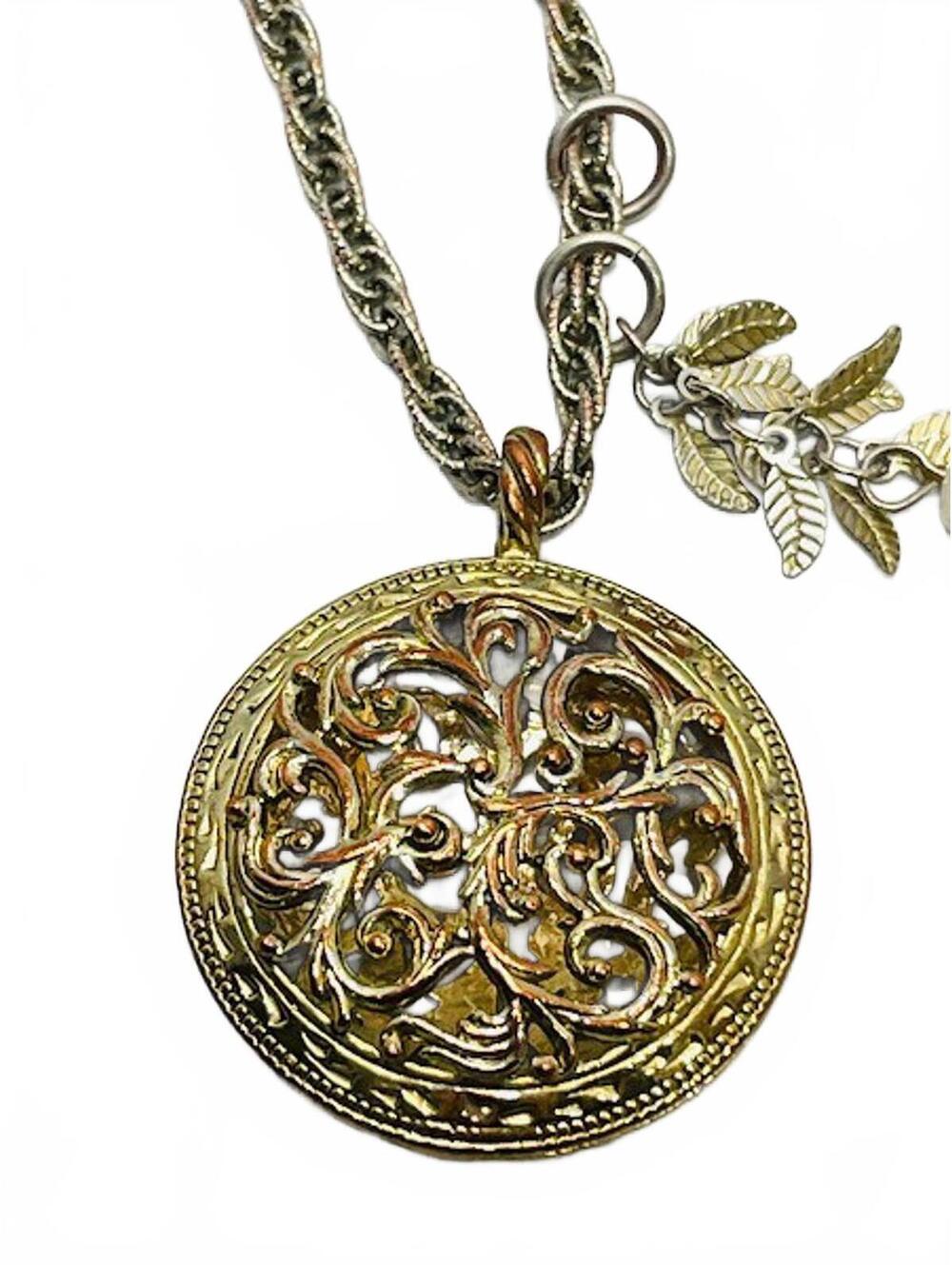 Vintage Gold & Silver Toned Filigree Pendant Necklace with Leaf Charms 15" Chain